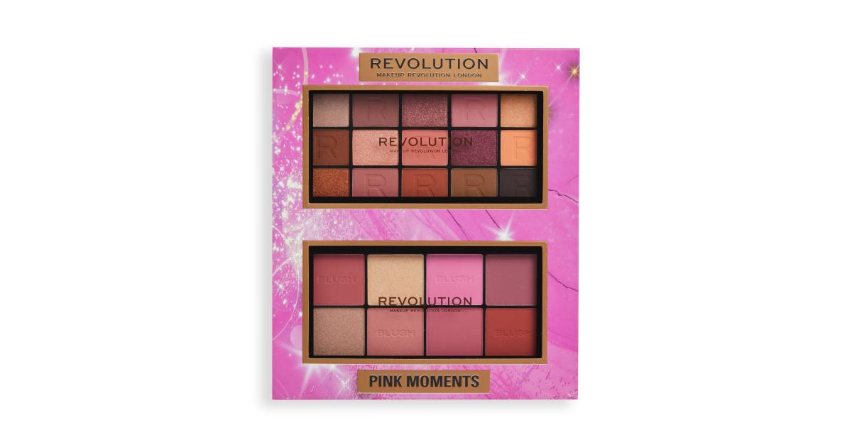 Makeup Revolution London Pink Moments Face & Eye Gift Set Dárková kazeta  paletka tvářenek a rozjasňovačů Blush Palette 16 g Lover + paletka očních  stínů Reloaded Eyeshadows Palette 16,5 g Romance