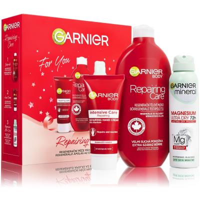 Garnier Repairing Care Gift Set Dárková kazeta tělové mléko Repairing Care 400 ml + krém na ruce Intensive Care Repairing Hand Cream 100 ml + deodorant Mineral Magnesium Ultra Dry 72h 150 ml