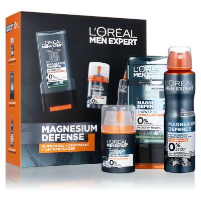 L&#039;Oréal Paris Men Expert Magnesium Defence Dárková kazeta denní pleťový krém Men Expert Magnesium Defence 24h Moisturizer 50 ml + deodorant Men Expert Magnesium Defence 150 ml + sprchový gel Men Expert Magnesium Defence Shower Gel 300 ml