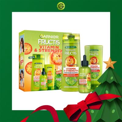 Garnier Fructis Vitamin &amp; Strength Dárková kazeta šampon Fructis Vitamin &amp; Strength Reinforcing Shampoo 400 ml + kondicionér Fructis Vitamin &amp; Strength Reinforcing Conditioner 200 ml + sérum na vlasy Fructis Vitamin &amp; Strength Anti-Fall Treatment 125 ml