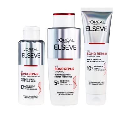 L&#039;Oréal Paris Elseve Bond Repair Dárková kazeta šampon Elseve Bond Repair Shampoo 200 ml + před-šamponová péče Elseve Bond Repair Pre-Shampoo 200 ml + kondicionér Elseve Bond Repair Balm 150 ml