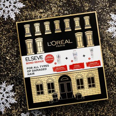 L&#039;Oréal Paris Elseve Bond Repair Dárková kazeta šampon Elseve Bond Repair Shampoo 200 ml + před-šamponová péče Elseve Bond Repair Pre-Shampoo 200 ml + kondicionér Elseve Bond Repair Balm 150 ml