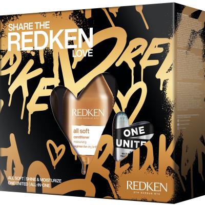 Redken Share The Redken All Soft Love Dárková kazeta šampon All Soft Shampoo 300 ml + kondicionér All Soft Conditioner 300 ml + vlasová péče One United All-In-One Multi-Benefit Treatment 150 ml