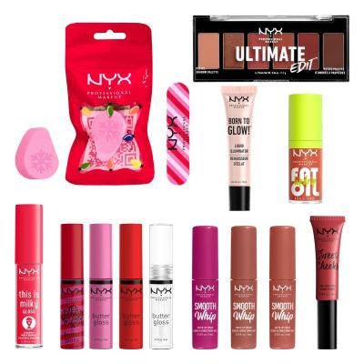 NYX Professional Makeup Fa La La L.A. Land Pull-To-Open Surprise Makeup Box Dárková kazeta lesk na rty 5 ks + rtěnka 3 ks + tvářenka 1 ks + olej na rty 1 ks + rozjasňovač 1 ks + paletka očních stínů + houbička na make-up 1 ks + pilník na nehty 1 ks