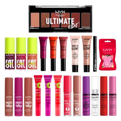 NYX Professional Makeup Fa La La L.A. Land 24 Full-Size Piece Makeup Surprise Box Dárková kazeta lesk na rty 9 ks + rtěnka 3 ks + olej na rty 3 ks + tvářenka 3 ks + rozjasňovač 2 ks + razítko na obličej a tělo 1 ks + houbička na make-up 1 ks + paletka očních stínů