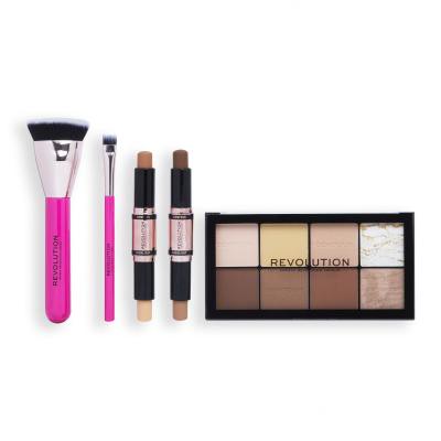 Makeup Revolution London All About The Contour Gift Set Dárková kazeta konturovací paletka Ultra Contour Palette 16 g + korektor Fast Base Contour Stick 1 ks Medium + korektor Fast Base Contour Stick 1 ks Dark + štětec Create Defining Contour Brush R10 1 ks + štětec Create Flat Blending Contour Brus