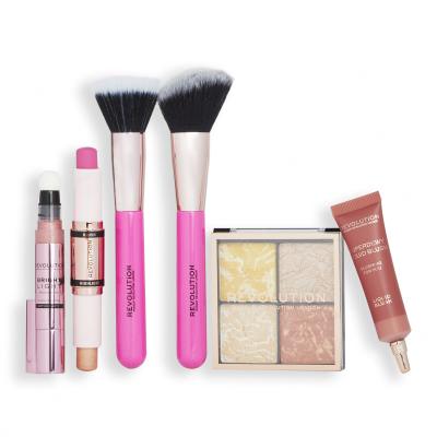 Makeup Revolution London Blush &amp; Glow Gift Set Dárková kazeta rozjasňující paletka Highlighter Quad 9,6 g Make It Count + rozjasňovač Bright Light Highlighter 3 ml Divine Dark Pink + kosmetický štětec 2 ks + tvářenka Superdewy Liquid Blush 15 ml Flushing For You + tvářenka a rozjasňovač Fast Base Bl