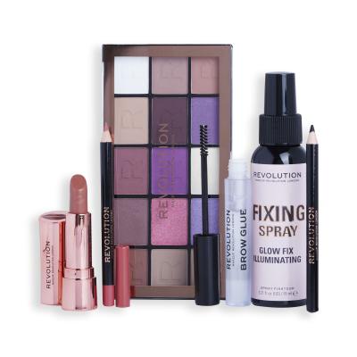 Makeup Revolution London Get The Look Smokey Icon Dárková kazeta paletka očních stínů Reloaded Eyeshadow Palette 16,5 g + fixační sprej Glow Fix Illuminating Fixing Spray 30 ml + tužka na oči Kohl Eyliner 1 g Black + rtěnka Satin Kiss Lipstick 3,5 g Chauffeur+ gel na obočí Brow Glue 3 ml + tužka na 