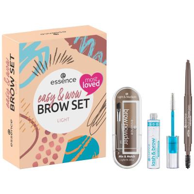 Essence Easy &amp; Wow Brow Set Dárková kazeta tužka na obočí What A Brow Pen Waterproof 0,2 g 01 Light Brown + gelová řasenka na obočí Lash &amp; Brow Gel Mascara 9 ml + pudr na obočí Brow Powder 2,3 g 01 Light &amp; Medium