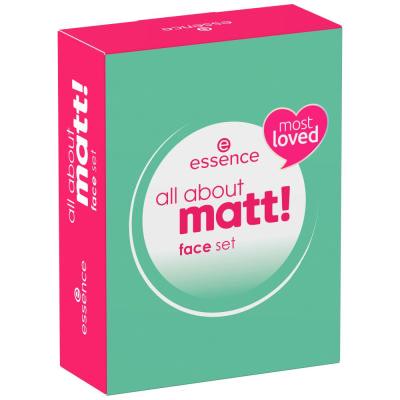 Essence All About Matt! Face Set Dárková kazeta fixační kompaktní pudr All About Matt! Fixing Compact Powder 8 g + fixační sprej na make-up Instant Matt Make-Up Setting Spray 50 ml + matující papírky All About Matt! Oil Control Paper 50 ks