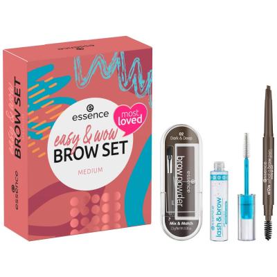 Essence Easy &amp; Wow Brow Set Dárková kazeta tužka na obočí What A Brow Pen Waterproof 0,2 g 03 Dark Brown + gelová řasenka na obočí Lash &amp; Brow Gel Mascara 9 ml + pudr na obočí Brow Powder 2,3 g 02 Dark &amp; Deep