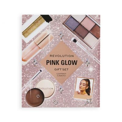 Makeup Revolution London Pink Glow Gift Set Dárková kazeta paletka očních stínů Mini Reloaded Palette 4,2 g + lesk na rty Shimmer Bomb 4,5 ml Glimmer Nude + třpytky Viva Loose Body Glitter 3 g Partaay Gold + multifunkční balzám na tváře, oči i rty Balm Glow 8,2 g Natural Nude + kosmetický štětec 2 k