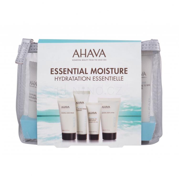 AHAVA Essentials Moisture Dárková kazeta denní pleťová péče 15 ml + tonizační čistič Time to Clear 30 ml + tělové mléko Deadsea 40 ml + krém na ruce Deadsea 40 ml + kosmetická taštička