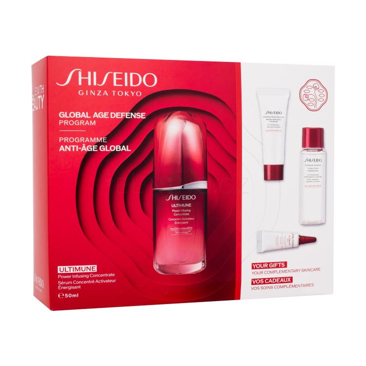 Shiseido Ultimune Global Age Defense Program Dárková kazeta pleťové sérum Ultimune Power Infusing Concentrate 50 ml + čisticí pěna Clarifying Cleansing Foam 15 ml + pleťová voda Treatment Softener 30 ml + oční sérum Ultimune Power Infusing Eye Concentrate 3 ml