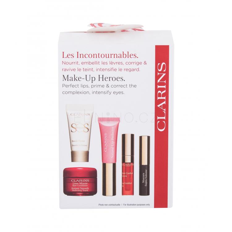 Clarins Make-up Heroes Dárková kazeta řasenka Supra Volume 3,5 ml + podkladová báze Instant Smooth Perfecting Touch 4 ml + olej na rty Lip Comfort Oil 2,8 ml 03 Red Berry + lesk na rty Natural Lip Perfector 5 ml 01 Rose Shimmer + podkladová báze SOS Primer 5 ml 00 Universal Light