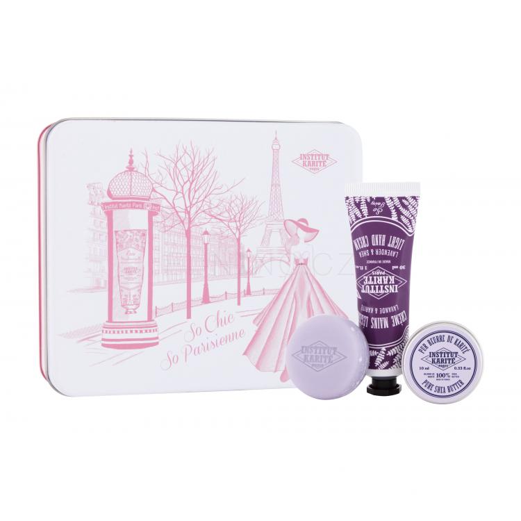 Institut Karité Light Hand Cream Lavender &amp; Shea Dárková kazeta krém na ruce Light Hand Cream Lavender &amp; Shea 30 ml + tuhé mýdlo Shea Soap Lavender 1 ks + univerzální tělové máslo Pure Shea Butter 10 ml + plechová krabička