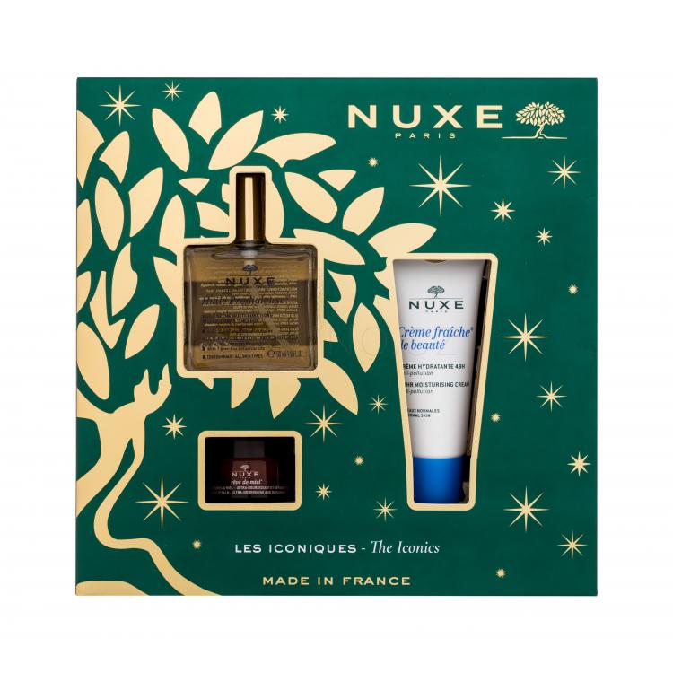 NUXE The Iconics Dárková kazeta suchý olej Huile Prodigieuse 50 ml + denní pleťový krém Créme Fraiche de Beauté 30 ml + balzám na rty Reve de Miel Honey 15 g