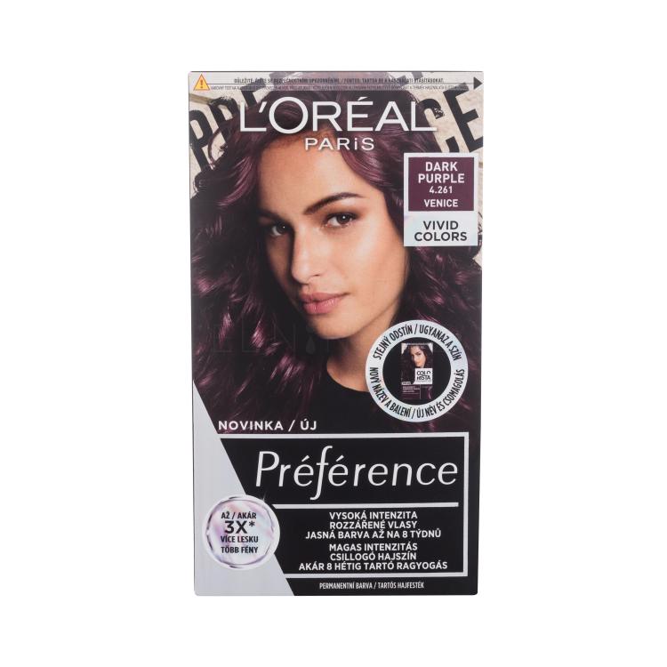 L&#039;Oréal Paris Préférence Vivid Colors Barva na vlasy pro ženy 60 ml Odstín 4,261 Dark Purple poškozená krabička