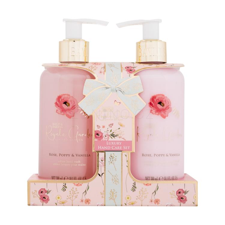 Baylis &amp; Harding Royale Garden Luxury Hand Care Set Dárková kazeta tělové mléko Royale Garden Rose, Poppy &amp; Vanilla 300 ml + mýdlo na ruce Royale Garden Rose, Poppy &amp; Vanilla 300 ml