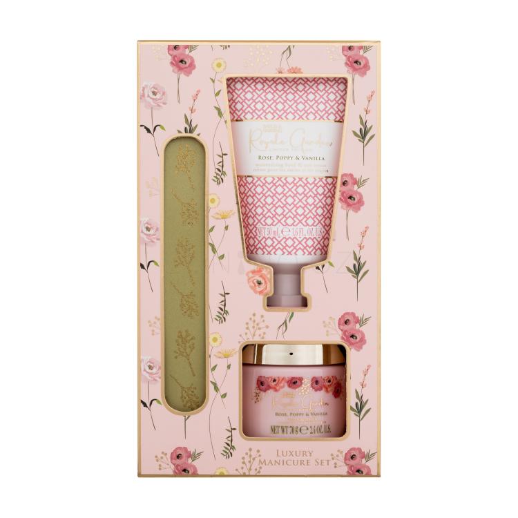 Baylis &amp; Harding Royale Garden Luxury Manicure Set Dárková kazeta krém na ruce Royale Garden Rose, Poppy &amp; Vanilla 50 ml + minerální sůl Royale Garden Rose, Poppy &amp; Vanilla 70 g + pilník na nehty