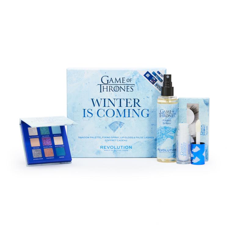 Makeup Revolution London X Game Of Thrones Dárková kazeta paletka očních stínů Game Of Thrones 7,2 g + fixační sprej Game Of Thrones 100 ml + umělé řasy Game Of Thrones 1 pár + lesk na rty Game Of Thrones Shimmer Bomb Lip Gloss 5 ml Winter Is Coming