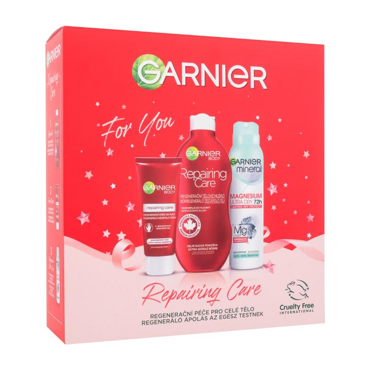 Garnier Repairing Care Gift Set Dárková kazeta tělové mléko Repairing Care 400 ml + krém na ruce Intensive Care Repairing Hand Cream 100 ml + deodorant Mineral Magnesium Ultra Dry 72h 150 ml poškozená krabička