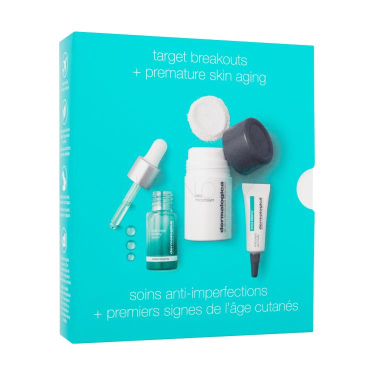 Dermalogica Active Clearing Target Breakouts + Premature Skin Aging Dárková kazeta pleťové sérum Active Clearing Age Bright Clearing Serum 10 ml + lokální péče Active Clearing Age Bright Spot Fader 6 ml + exfoliační pudr Daily Microfoliant 13 g