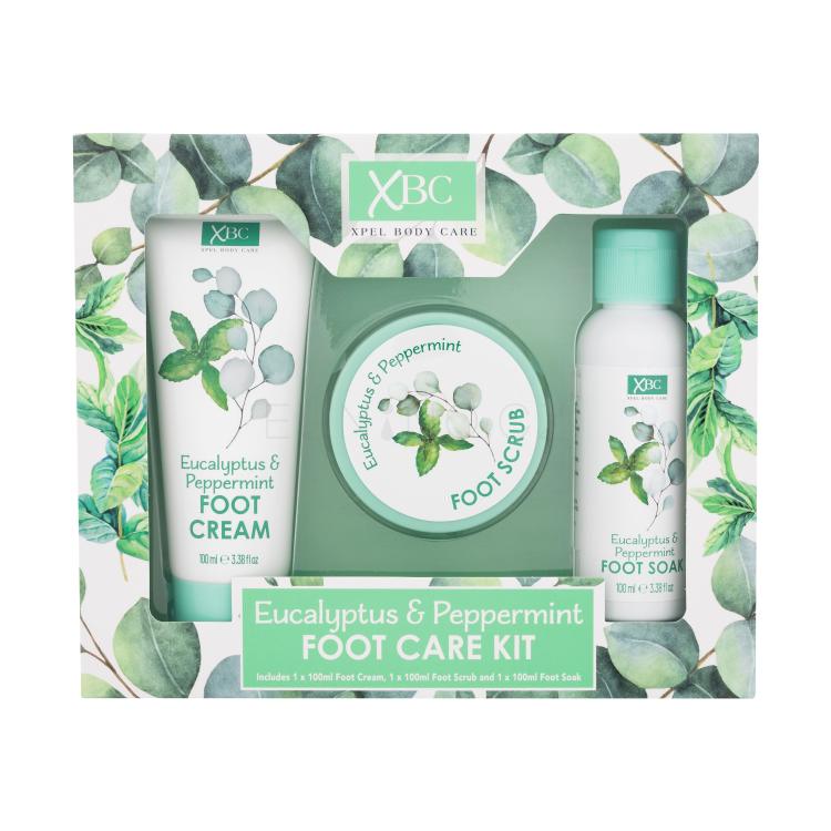 Xpel Eucalyptus &amp; Peppermint Foot Care Kit Dárková kazeta krém na chodidla Eucalyptus &amp; Peppermint Foot Cream 100 ml + koupel na nohy Eucalyptus &amp; Peppermint Foot Soak 100 ml + peeling na chodidla Eucalyptus &amp; Peppermint Foot Scrub 100 ml poškozená krabička