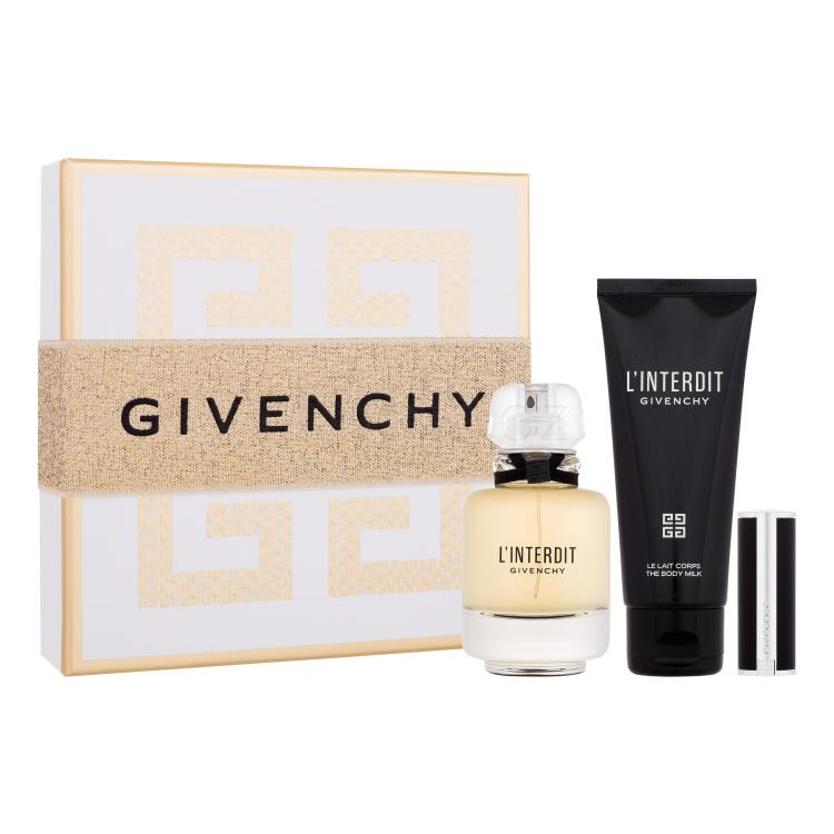 Givenchy L&#039;Interdit Dárková kazeta parfémovaná voda 50 ml + tělové mléko 75 ml + rtěnka Le Rouge Interdit Intense Silk 1,5 g 333