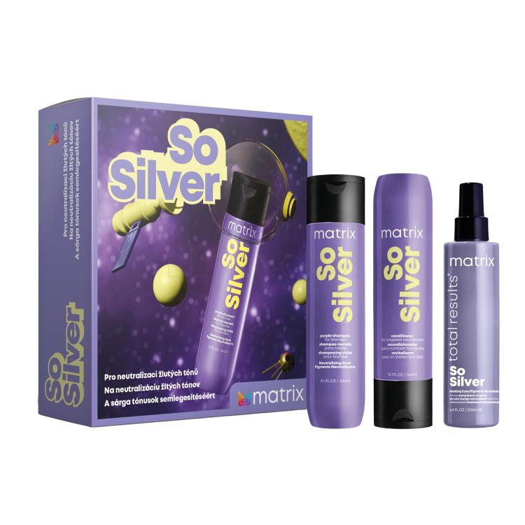 Matrix So Silver Dárková kazeta šampon So Silver Purple Shampoo 300 ml + kondicionér So Silver Conditioner 300 ml + bezoplachová péče na vlasy So Silver Neutralizing Dyes 200 ml