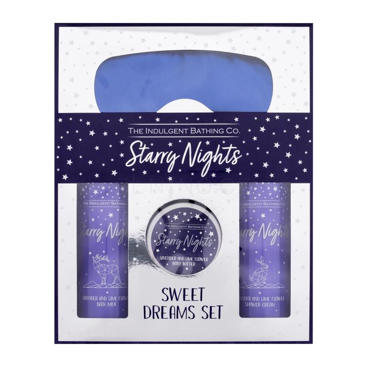 The Indulgent Bathing Co. Starry Nights Sweet Dreams Set Dárková kazeta sprchový krém Lavender And Lime Flower Shower Cream 300 ml + mléko do koupele Lavender And Lime Flower Bath Milk 300 ml + tělové máslo Lavender And Lime Flower Body Butter 100 ml + maska na spaní Satin Sleep Mask 1 ks