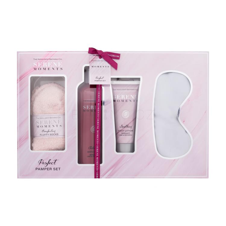 The Indulgent Bathing Co. Serene Moments Perfect Pamper Set Dárková kazeta pěna do koupele Relaxing Bath Foam Bergamot, Lime &amp; Patchouli 300 ml + krém na nohy Soothing Foot Lotion Bergamot, Lime &amp; Patchouli 100 ml + maska na spaní Satin Sleep Mask 1 ks + ponožky Luxury Socks 1 pár