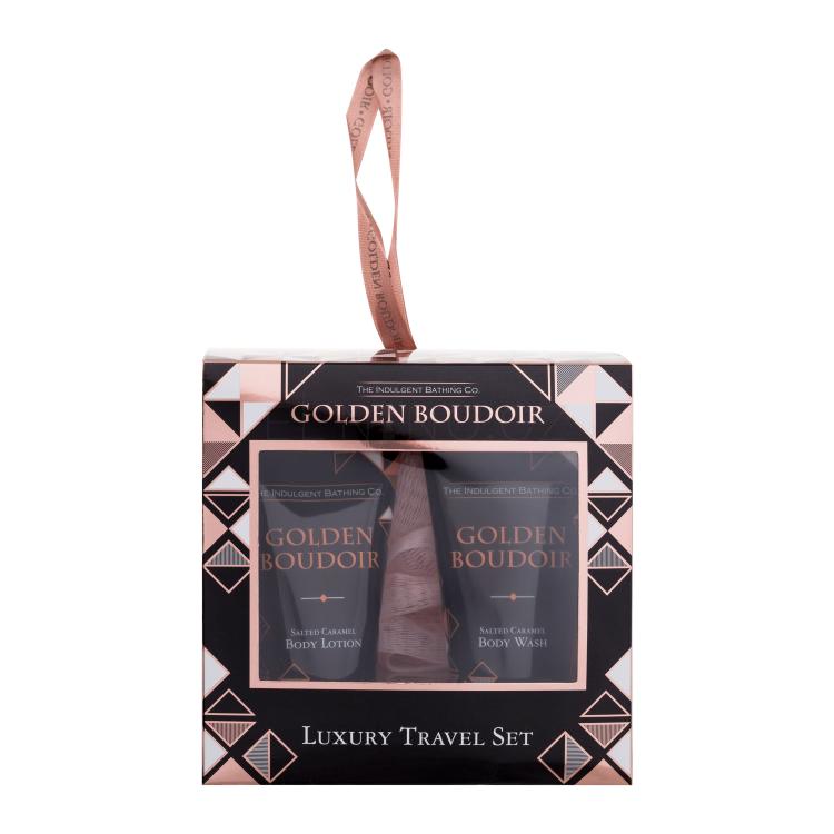 The Indulgent Bathing Co. Golden Boudoir Luxury Travel Set Dárková kazeta tělové mléko Salted Caramel Body Lotion 50 ml + sprchový gel Salted Caramel Body Wash 50 ml + mycí houba Luxury Shower Puff 1 ks