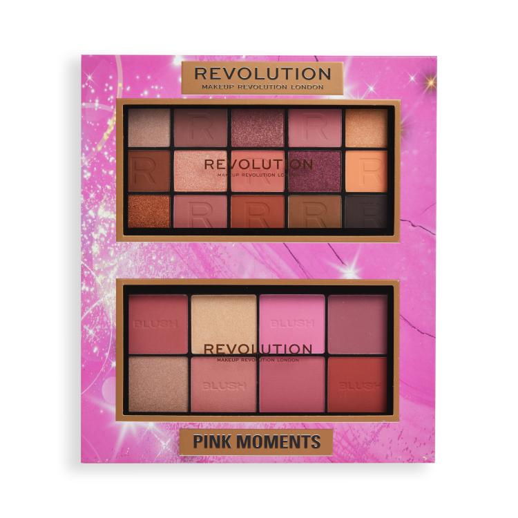 Makeup Revolution London Pink Moments Face &amp; Eye Gift Set Dárková kazeta paletka tvářenek a rozjasňovačů Blush Palette 16 g Lover + paletka očních stínů Reloaded Eyeshadows Palette 16,5 g Romance