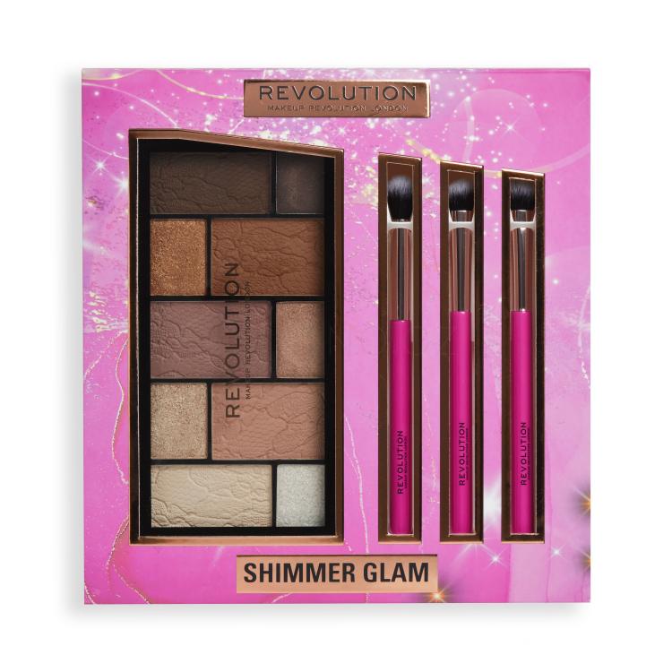 Makeup Revolution London Shimmer Glam Eye Gift Set Dárková kazeta paletka očních stínů Reloaded Dimension Eyeshadow Palette 27 g Neutral Charm+ kosmetický štětec na oční stíny 3 ks