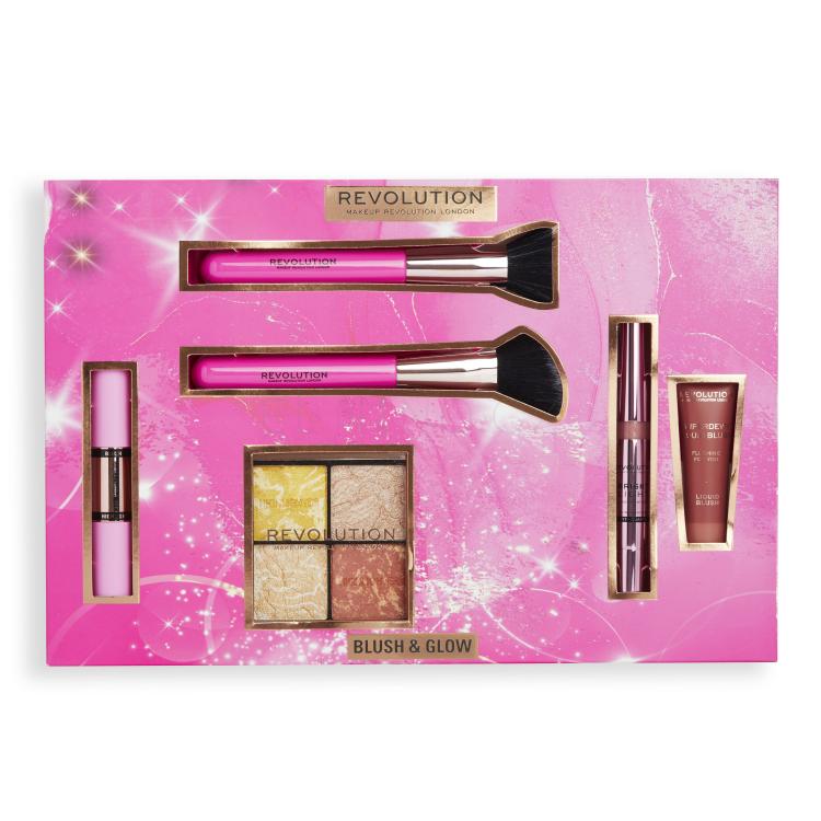 Makeup Revolution London Blush &amp; Glow Gift Set Dárková kazeta rozjasňující paletka Highlighter Quad 9,6 g Make It Count + rozjasňovač Bright Light Highlighter 3 ml Divine Dark Pink + kosmetický štětec 2 ks + tvářenka Superdewy Liquid Blush 15 ml Flushing For You + tvářenka a rozjasňovač Fast Base Bl