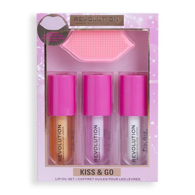 Makeup Revolution London Kiss &amp; Go Lip Oil Set Dárková kazeta olej na rty Lip Oil Honey 4,5 ml+ olej na rty Lip Oil Peach Pink 4,5 ml+ olej na rty Lip Oil Watermelon 4,5 ml + peelingový kartáček na rty 1 ks