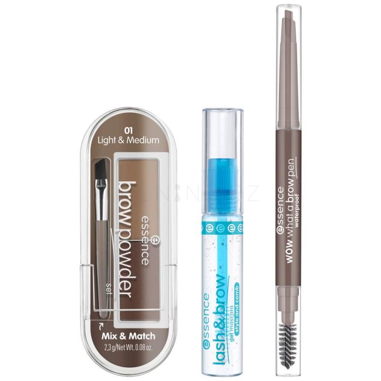 Essence Easy &amp; Wow Brow Set Dárková kazeta tužka na obočí What A Brow Pen Waterproof 0,2 g 01 Light Brown + gelová řasenka na obočí Lash &amp; Brow Gel Mascara 9 ml + pudr na obočí Brow Powder 2,3 g 01 Light &amp; Medium