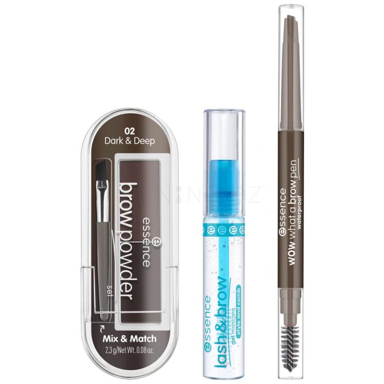 Essence Easy &amp; Wow Brow Set Dárková kazeta tužka na obočí What A Brow Pen Waterproof 0,2 g 03 Dark Brown + gelová řasenka na obočí Lash &amp; Brow Gel Mascara 9 ml + pudr na obočí Brow Powder 2,3 g 02 Dark &amp; Deep