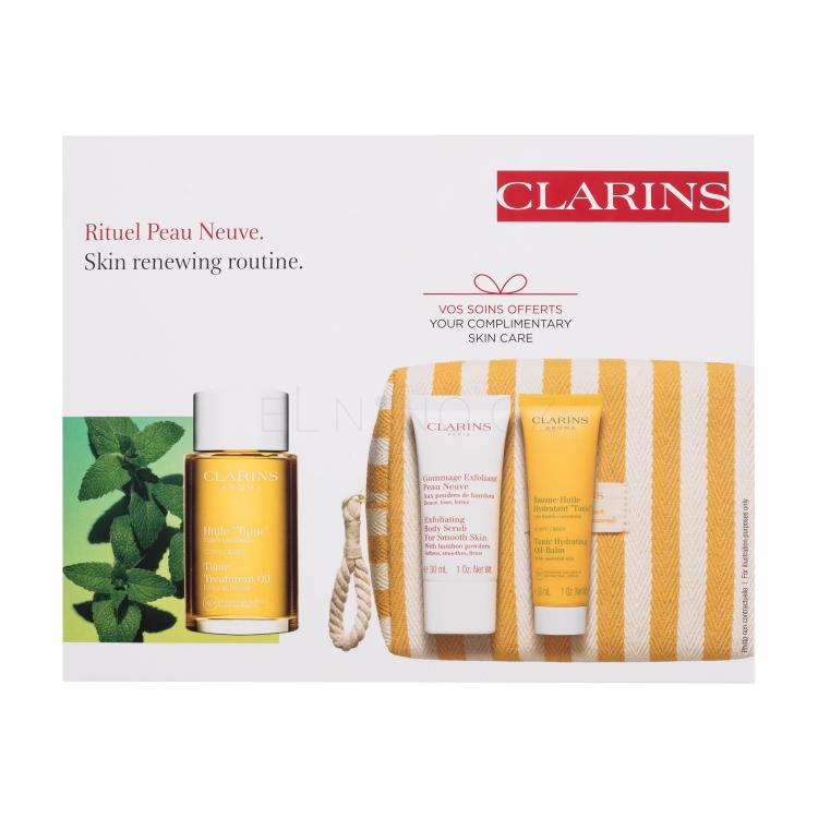 Clarins Skin Renewing Routine Dárková kazeta tělový olej Tonic Treatment Oil 100 ml + tělový peeling Exfoliating Body Scrub 30 ml + tělový balzám Tonic Hydrating Oil-Balm 30 ml + kosmetická taštička