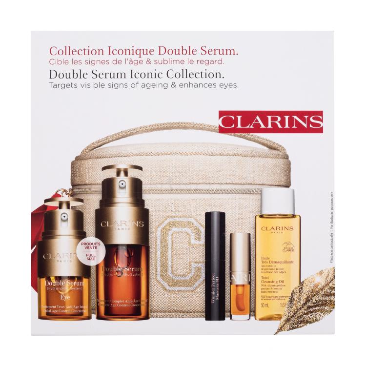 Clarins Double Serum Iconic Collection Dárková kazeta pleťové sérum Double Serum Complete Age Control Concentrate 30 ml + oční sérum Double Serum Eye 20 ml + řasenka Wonder Perfect Mascara 4D 3 ml 01 Perfect Black + olej na rty Lip Comfort Oil 1,4 ml 01 Honey + odličovací olej Total Cleansing Oil 50