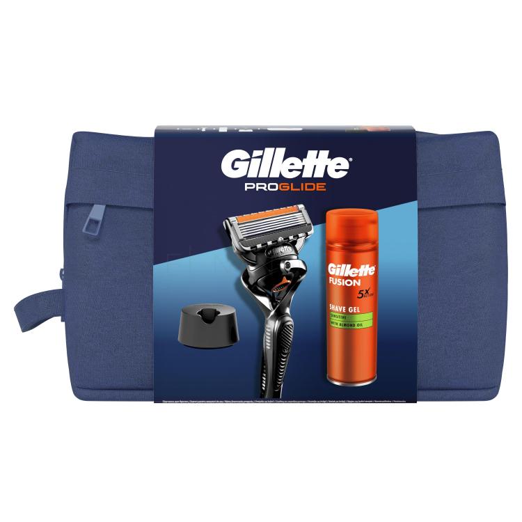 Gillette ProGlide Dárková kazeta holicí strojek ProGlide 1 ks + gel na holení Fusion Shave Gel Sensitive 200 ml + držák na holicí strojek + kosmetická taštička