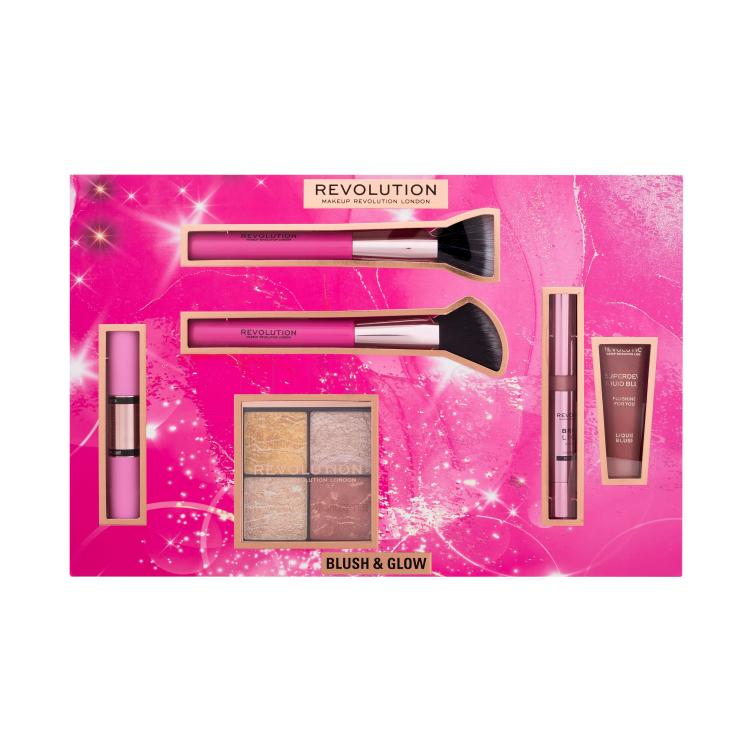 Makeup Revolution London Blush &amp; Glow Gift Set Dárková kazeta rozjasňující paletka Highlighter Quad 9,6 g Make It Count + rozjasňovač Bright Light Highlighter 3 ml Divine Dark Pink + kosmetický štětec 2 ks + tvářenka Superdewy Liquid Blush 15 ml Flushing For You + tvářenka a rozjasňovač Fast Base Bl