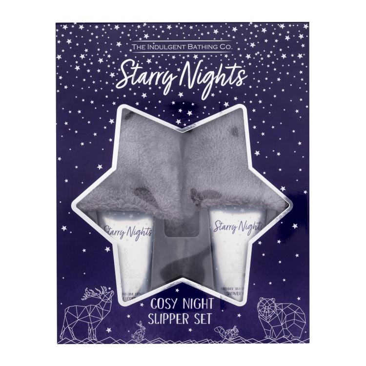 The Indulgent Bathing Co. Starry Nights Cosy Night Slipper Set Dárková kazeta tělové mléko Lavender And Lime Flower Body Lotion 100 ml + sprchový krém Lavender And Lime Flower Shower Cream 100 ml + plyšové pantofle Luxury Fluffy Slippers M/L 1 pár poškozená krabička