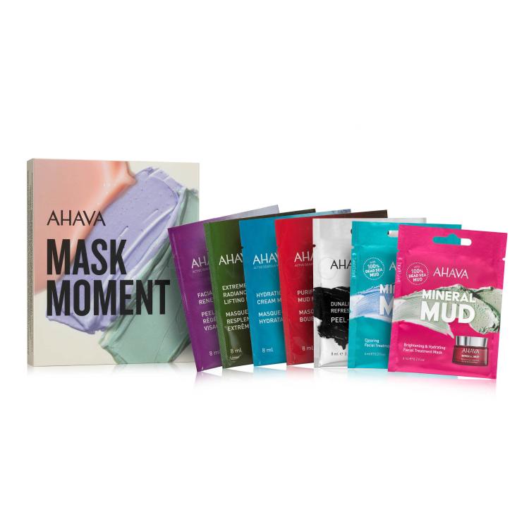 AHAVA Mask Moment Dárková kazeta maska Mineral Mud Brightening &amp; Hydrating Mask 6 ml + maska Mineral Mud Clearing Mask 6 ml + maska Dunaliella Algae Refresh &amp; Smooth Peel-Off Mask 8 ml + maska Purifying Mud Mask 8 ml + maska Extreme Radiance Lifting Mask 8 ml + maska Hydration Cream Mask 8 ml + peel