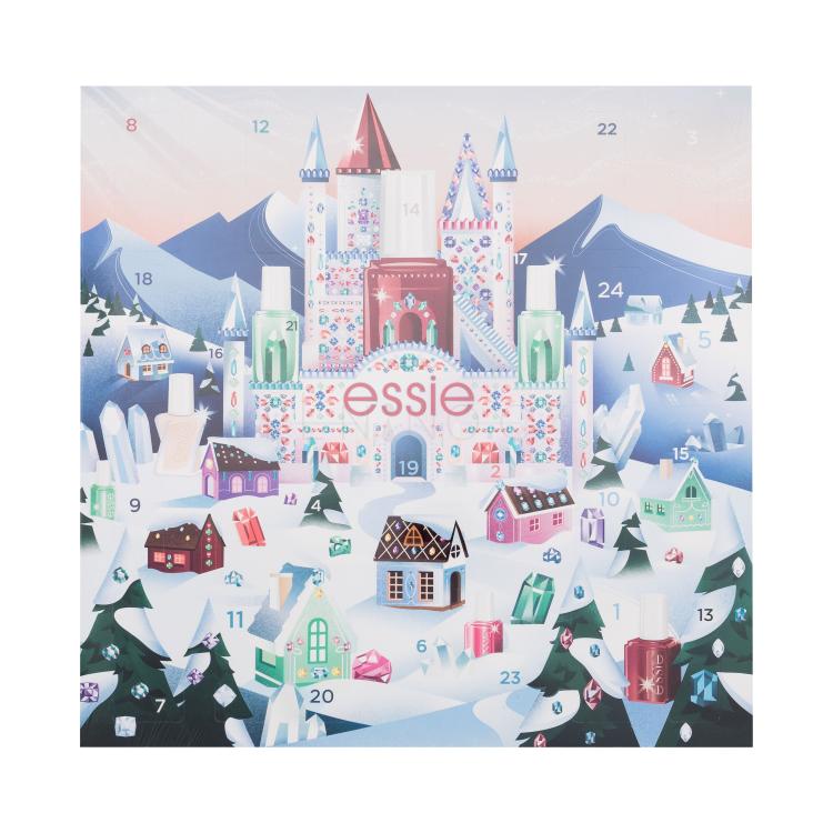 Essie Nail Lacquer Wonderland Advent Calendar Dárková kazeta lak na nehty 7 x 13,5 ml + lak na nehty 1 x 10 ml + lak na nehty 10 x 5 ml + vrchní lak na nehty 1 x 13,5 ml + vrchní lak na nehty 2 x 5 ml + péče na nehty 1 x 5 ml + olej na nehty 1 x 5 ml + odlakovač na nehty 25 ml poškozená krabička