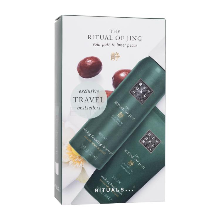 Rituals The Ritual Of Jing Reusable Luxury Travel Pouch Dárková kazeta tělový krém The Ritual Of Jing Relax Soothing Body Cream 70 ml + sprchová pěna The Ritual Of Jing Relax Calming Foaming Shower Gel 50 ml poškozená krabička