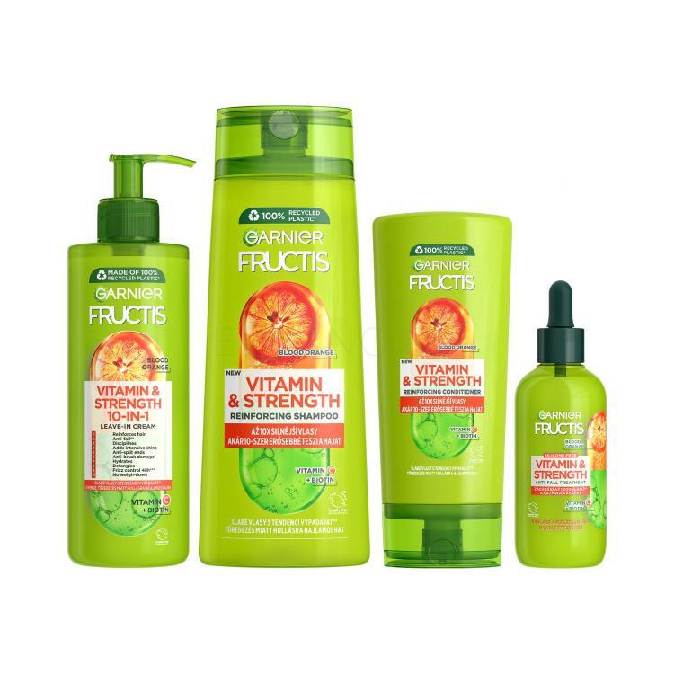 Set Šampon Garnier Fructis Vitamin &amp; Strength Reinforcing Shampoo + Kondicionér Garnier Fructis Vitamin &amp; Strength Reinforcing Conditioner + Sérum na vlasy Garnier Fructis Vitamin &amp; Strength Anti-Fall Treatment + Bezoplachová péče Garnier Fructis Vitamin &amp; Strength 10-IN-1 Leave-In-Cream