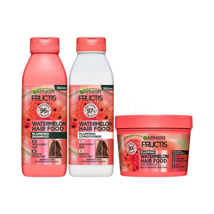 Set Šampon Garnier Fructis Hair Food Watermelon Plumping Shampoo + Kondicionér Garnier Fructis Hair Food Watermelon Plumping Conditioner + Maska na vlasy Garnier Fructis Hair Food Watermelon Plumping Mask