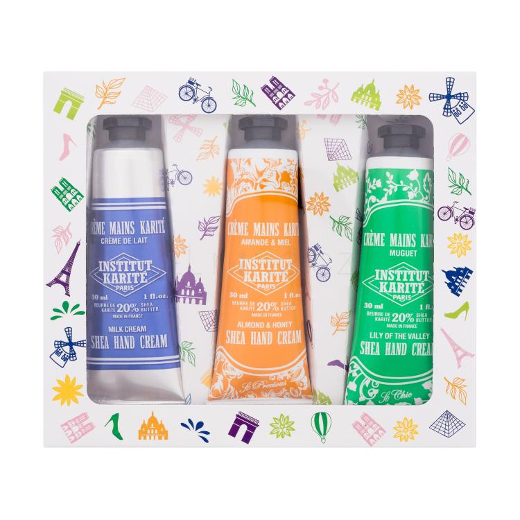 Institut Karité Shea Hand Cream Dárková kazeta krém na ruce Shea Hand Cream Milk Cream 30 ml + krém na ruce Shea Hand Cream Almond &amp; Honey 30 ml + krém na ruce Shea Hand Cream Lily Of The Valley 30 ml